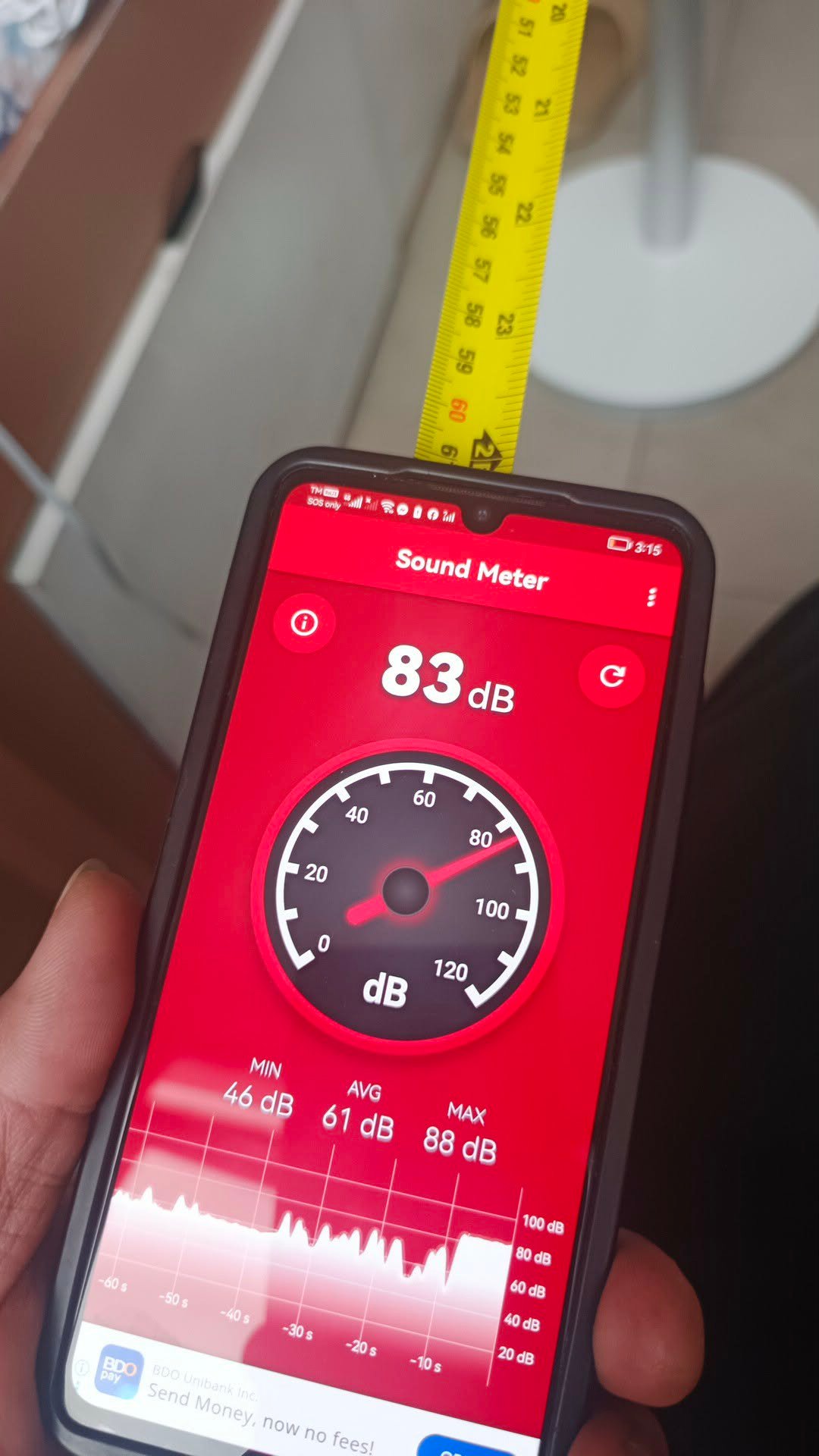 Noise test display showing 83 dB during the Acerpure F1 fan test