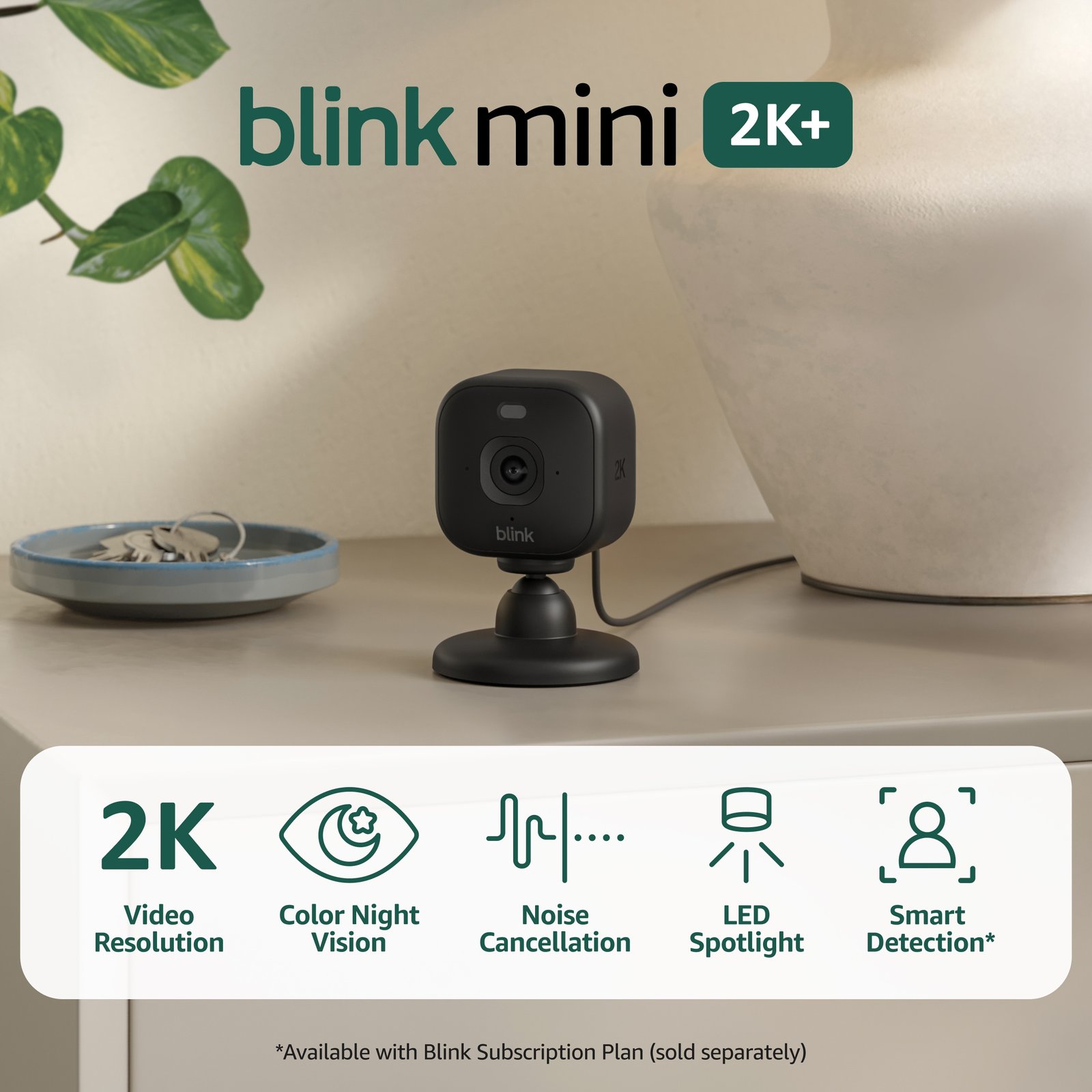 Blink Mini 2K+ compact indoor security camera, promotional product photo