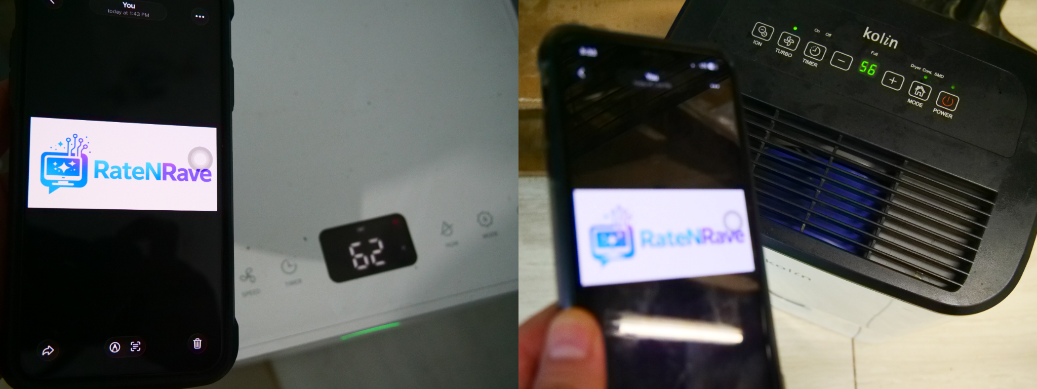 Simplus and Kolin dehumidifier controls and humidity displays beside the RateNRave logo