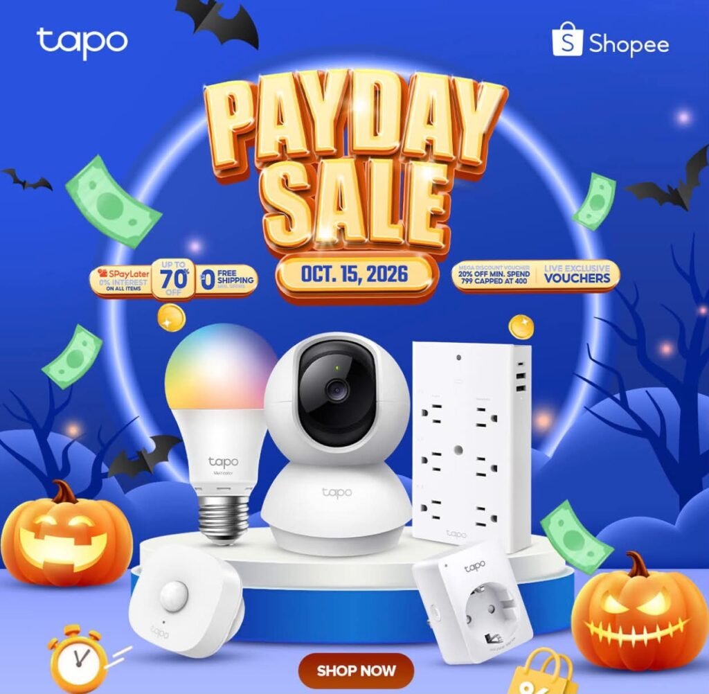Tapo Shopee October 15 2026 Payday Sale banner with smart home devices and voucher information